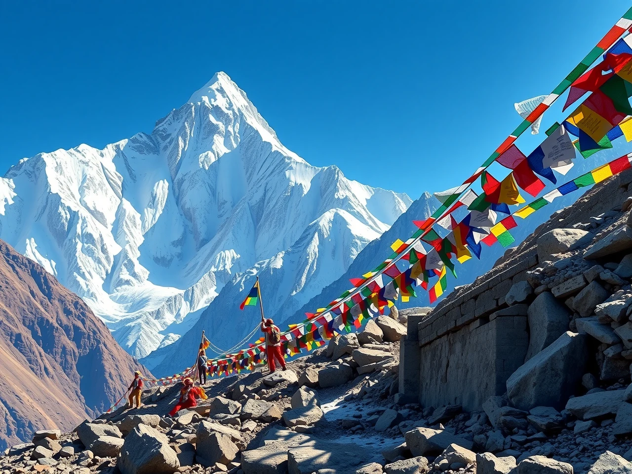 Annapurna Base Camp trek with snow capped mountains and prayer flags