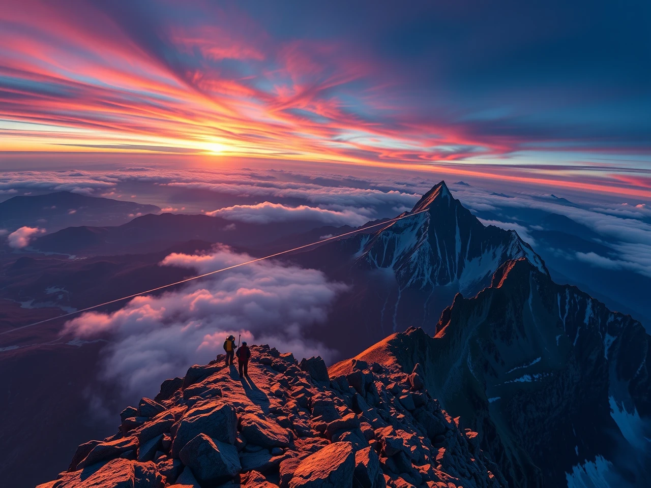 Mount Kinabalu summit trail with climbers at sunrise