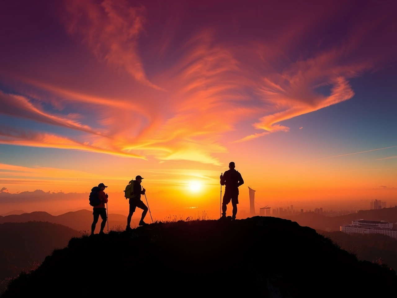 Hikers on mountain ridge at sunrise with Singapore skyline in distance