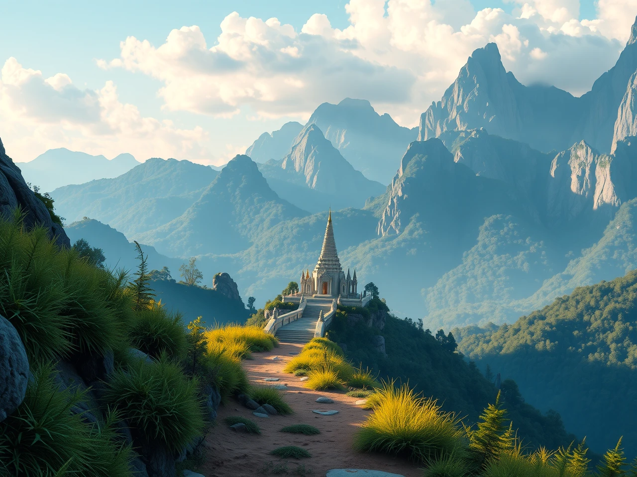 Thailand mountain trail with temple in distance