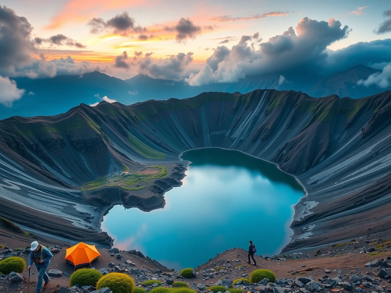 Mount Rinjani crater lake with campsite and trekkers