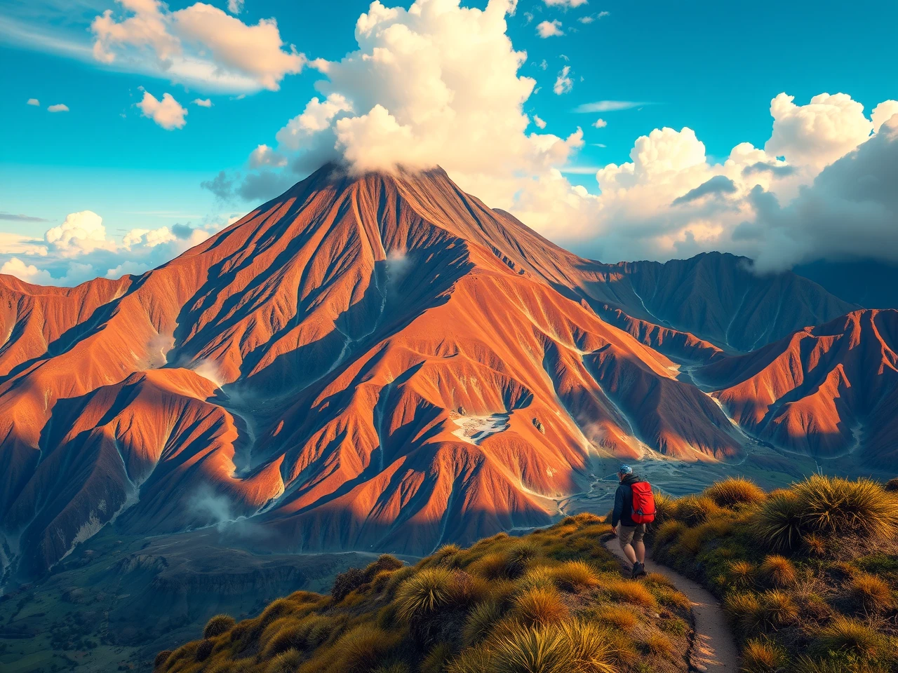 Indonesian volcanic mountain trek with hikers